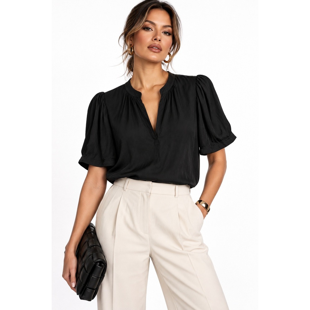 Nine Britton Santiago Satin Split Neck Blouse Black Short Puff Sleeve M NWOT